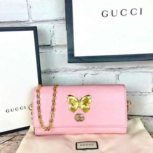 Gucci Marmont Gold Butterfly pink leather wallet crossbody - Picture 1 of 13